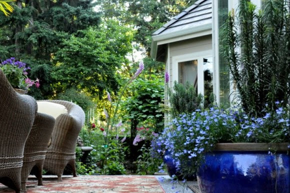 Patio with blue pots and flowers