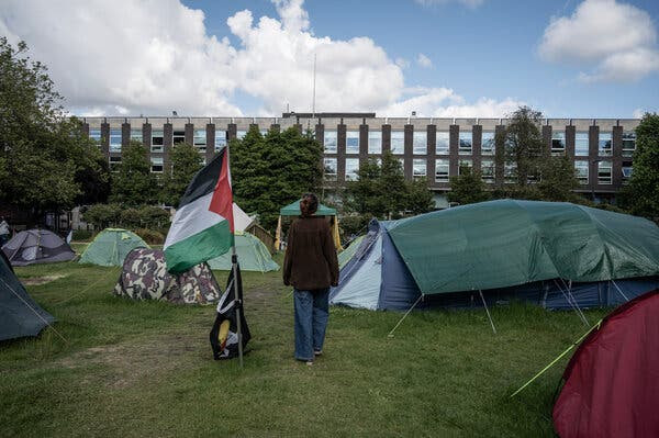 A woman stands with her back to the camera near a Palestinian flag planted on a pole in the ground and a scattering of tents on a green field near a fence.
